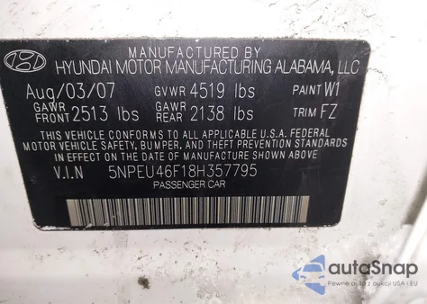 2008 Hyundai Sonata Limited V6/Se V6 z USA, uszkodzony, nr VIN 5NPEU46F18H357795